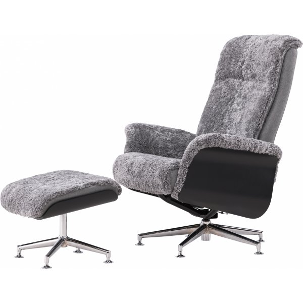 Ulla f�t�lj med fotpall i f�rskinn - Gr� / Svartbets / Krom + Textilreng�ring f�r m�bler