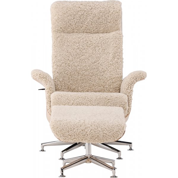 Ulla fåtölj med fotpall i fårskinn - Beige / Whitewash / Krom + Textilrengöring för möbler Ulla fåtölj med fotpall i fårskinn - Beige / Whitewash / Krom + Textilrengöring för möbler