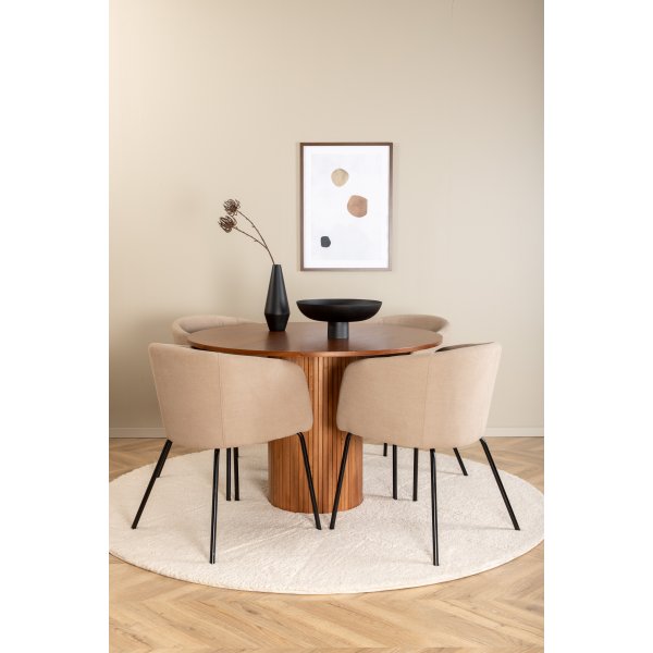 Bianca Matgrupp runt valnöt matbord med 4 st Berit beige polyesterlinne stolar Bianca Matgrupp runt valnöt matbord med 4 st Berit beige polyesterlinne stolar