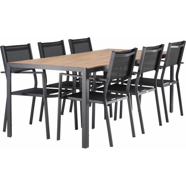 Chania matgrupp; 6 st stolar med bord 205 x 90 cm - Svart/natur Chania matgrupp; 6 st stolar med bord 205 x 90 cm - Svart/natur