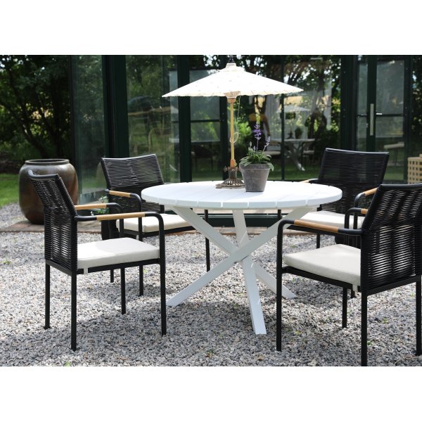 Scottsdale utematgrupp runt bord med 4 st Skanör karmstolar - Svart/Beige/Vit Scottsdale utematgrupp runt bord med 4 st Skanör karmstolar - Svart/Beige/Vit