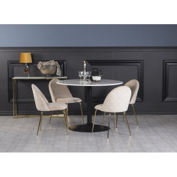 Plaza matgrupp, marmorbord med 4 st Plaza sammetsstolar - Beige/Mssing/Svart