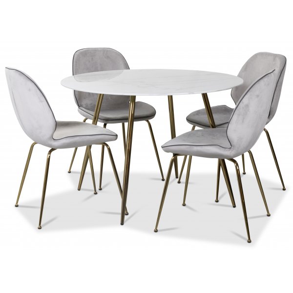 Art matgrupp: Runt bord marmor/Mssing + 4 st Deco stolar ljusgr sammet / mssing