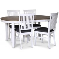 Skagen matgrupp; matbord 160/210x90 cm - Vit / brunoljad ek med 4 st Fårö stolar med grå tygsits Skagen matgrupp; matbord 160/210x90 cm - Vit / brunoljad ek med 4 st Fårö stolar med grå tygsits
