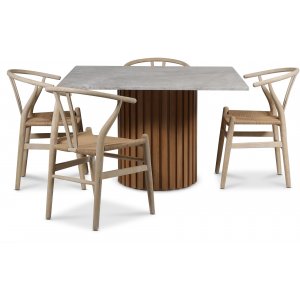 Groupe repas Sumo 120x120 cm incl. 4 Chaises de salle  manger Brandon blanchies - Chne huil / Marbre argent