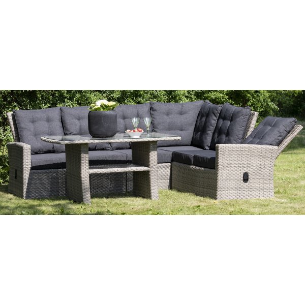 Orlando hörnsoffa med hög rygg (ställbar) + bord - Grå konstrotting Orlando hörnsoffa med hög rygg (ställbar) + bord - Grå konstrotting