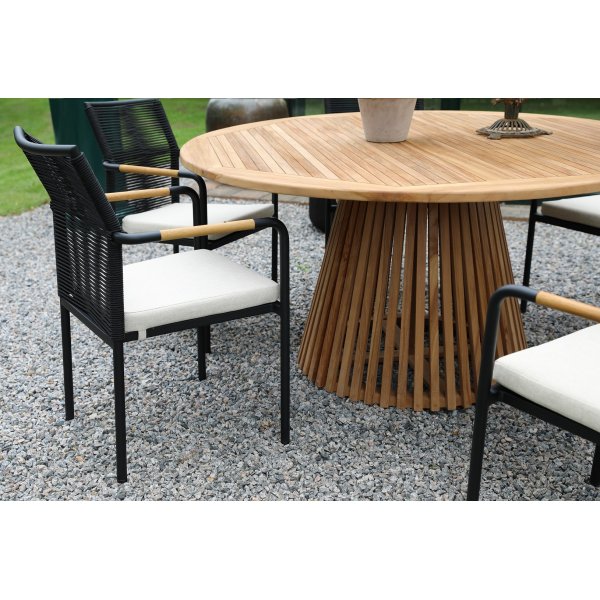 Utegrupp; Bord Ø150 cm med 6 st stolar - Teak/Svart Utegrupp; Bord Ø150 cm med 6 st stolar - Teak/Svart