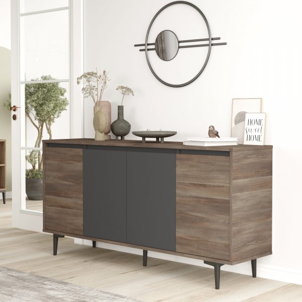Buffet Aristo - Marron/anthracite + Pieds de meubles