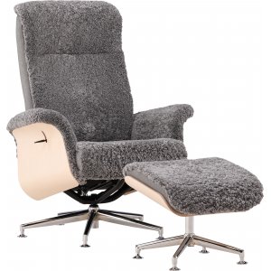 Fauteuil en laine avec repose-pieds en peau de mouton - Gris/Blanc/Chrome + Dtachant pour meubles