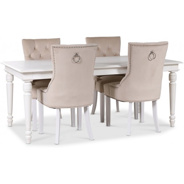 Paris matgrupp vitt bord med 4 st Tuva Decotique stolar i beige sammet med rygghandtag Paris matgrupp vitt bord med 4 st Tuva Decotique stolar i beige sammet med rygghandtag