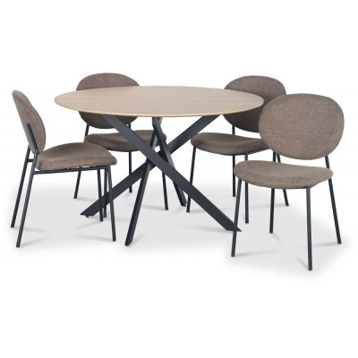Hogrän matgrupp Ø120 cm bord i ljust trä + 4 st Tofta bruna stolar