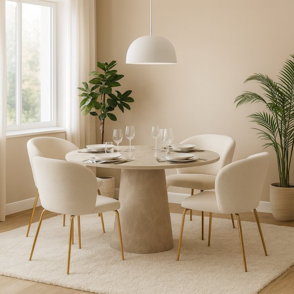 Matgrupp Lanzo 120 cm marmor beige med 4 st stolar i boucl och mssingsben