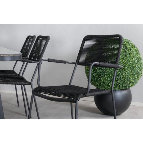 Paola utematgrupp med 6 st Lindos karmstolar - Svart Paola utematgrupp med 6 st Lindos karmstolar - Svart