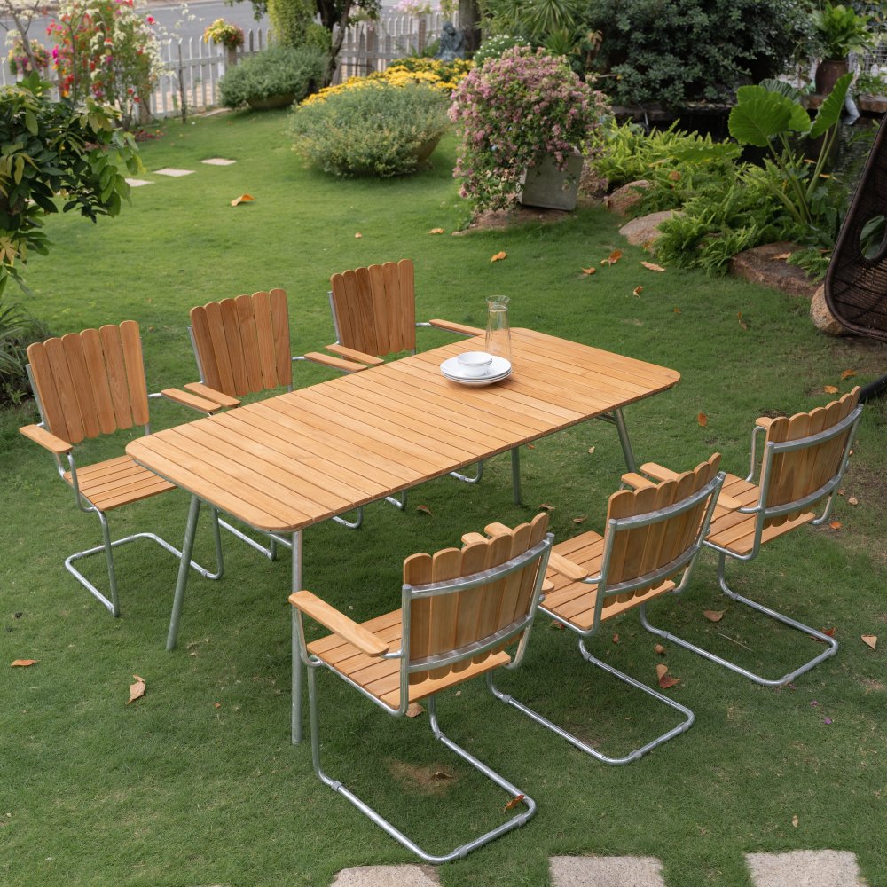 Möllan utegrupp i teak: 6 st karmstolar med matbord 176x90 cm - Utematgrupper, Utemöbelgrupper, Utemöbler