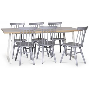 Edge matgrupp Matbord i vit HPL 190x90 cm med 6 st gråa Orust pinnstolar + 4.00 x Möbeltassar