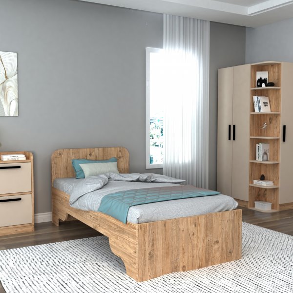 Eenpersoonsbed van Luse 190 x 90 cm - Grenen/beige