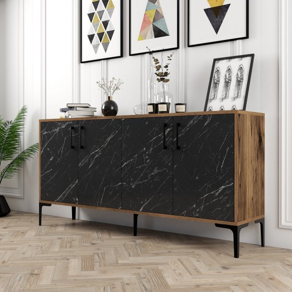 Buffet Kyiv 160 cm - Noyer/marbre noir