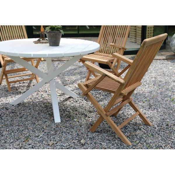Scottsdale utematgrupp runt bord med 4 st Saltö karmstolar - Teak/Vit + Träolja för möbler Scottsdale utematgrupp runt bord med 4 st Saltö karmstolar - Teak/Vit + Träolja för möbler