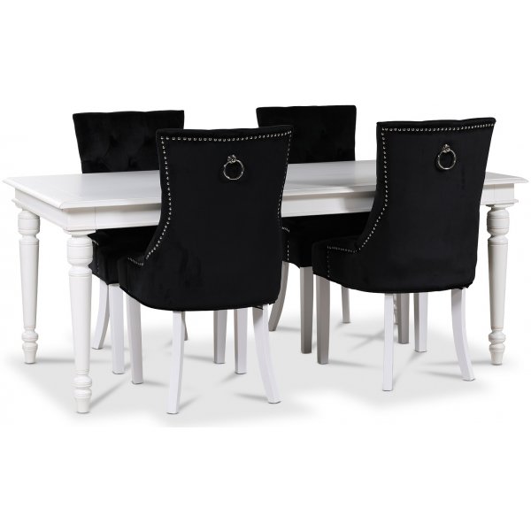 Paris matgrupp vitt bord med 4 st Tuva Decotique stolar i svart sammet med rygghandtag