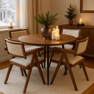 Dana matbord �105 cm i valn�t med 4st Sara karmstol i valn�t och linne