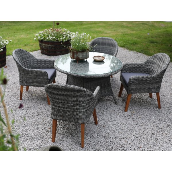 Jacksonville utematgrupp; 110 cm runt bord inkl 4 st Valetta fåtöljer grå konstrotting Jacksonville utematgrupp; 110 cm runt bord inkl 4 st Valetta fåtöljer grå konstrotting