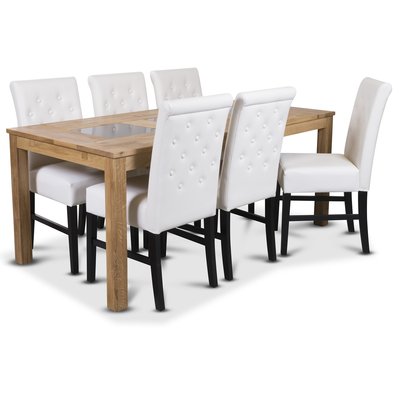 Jasmine matgrupp med bord och 6 st vita Twitter stolar - Oljad ek / vitt PU