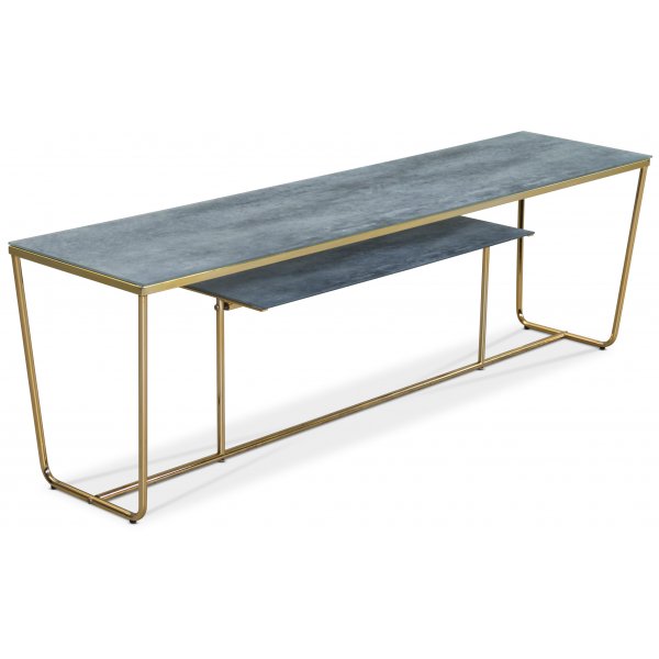 Stella TV-bänk - Grått marmorerat glas / mässingsfärgat underrede Stella TV-bänk - Grått marmorerat glas / mässingsfärgat underrede