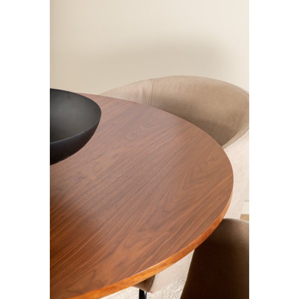 Bianca Matgrupp runt valnöt matbord med 4 st Berit beige polyesterlinne stolar Bianca Matgrupp runt valnöt matbord med 4 st Berit beige polyesterlinne stolar