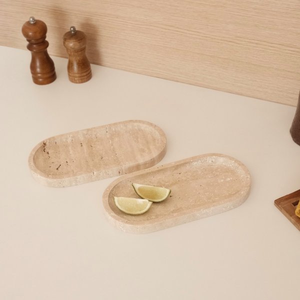 Dekorationsfat i beige Travertinmarmor 2 delar - 25 x 12 x 2 cm