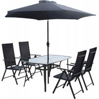Bjurvik matgrupp; bord med 4 st stolar plus parasol By Martinsen - Svart Bjurvik matgrupp; bord med 4 st stolar plus parasol By Martinsen - Svart