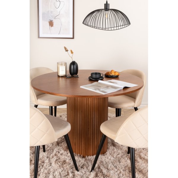 Bianca Matgrupp runt valnt matbord med 4 st Velvet beige stolar