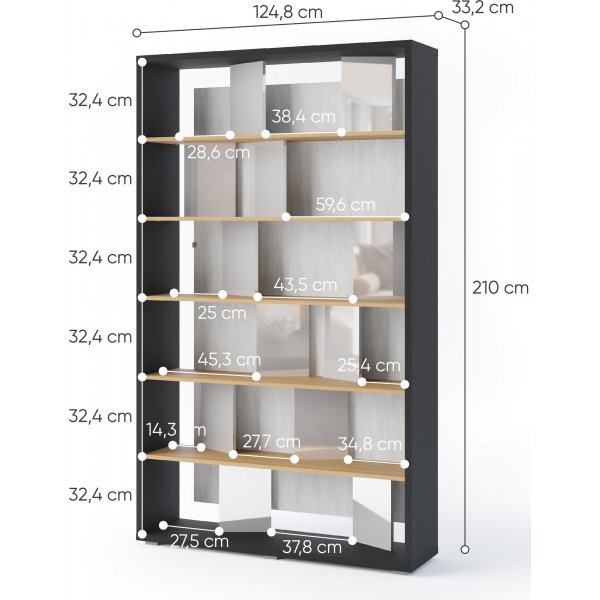 Bibliothque rtroclaire Dika - Graphite/chne/gris brillant
