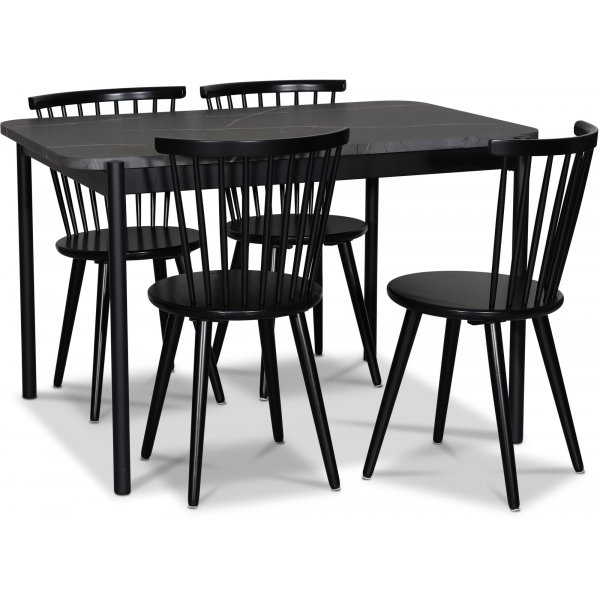 Wayne eetgroep 120x80 cm incl. 4 Castor zwarte sledestoelen - Grijze marmerfolie + Vlekverwijderaar voor meubels