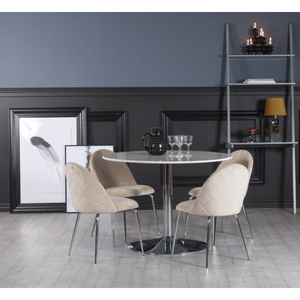 Plaza matgrupp, marmorbord med 4 st Plaza sammetsstolar - Beige/Vit/Krom