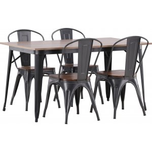 Groupe de repas Tempe, table en acier avec 4 chaises en acier - Noyer/noir