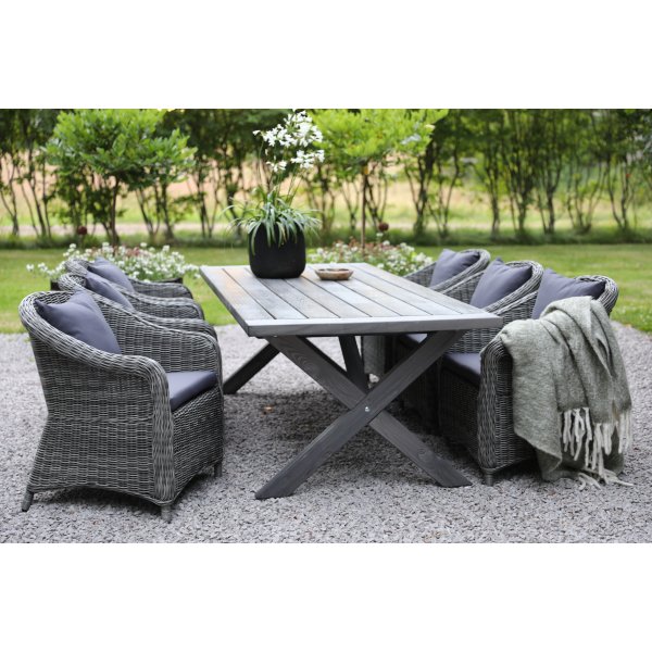 Oxford utematgrupp; grått bord 220 cm inkl 6 st Mercury fåtöljer grå konstrotting Oxford utematgrupp; grått bord 220 cm inkl 6 st Mercury fåtöljer grå konstrotting