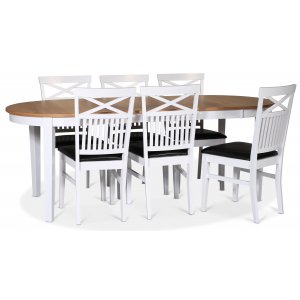 Fr matgrupp; matbord 160/210x90 cm - Vit / oljad ek med 6 st Fr stolar med kryss i ryggen, sits i svart PU