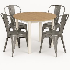 Matgrupp Berivan Ø102–142 cm ek/vit med 4 st Industry stolar i borstat stål Matgrupp Berivan Ø102–142 cm ek/vit med 4 st Industry stolar i borstat stål