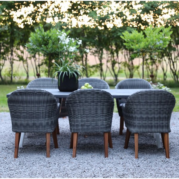 Groupe de restauration en plein air d\\\'Oxford; table gris/blanc 220 cm avec 6 fauteuils Valetta rotin synthétique gris Groupe de restauration en plein air d\\\'Oxford; table gris/blanc 220 cm avec 6 fauteuils Valetta rotin synthétique gris