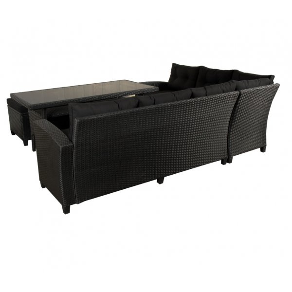 New York utegrupp; hörnsoffa med bord och fotpallar - Svart konstrotting New York utegrupp; hörnsoffa med bord och fotpallar - Svart konstrotting