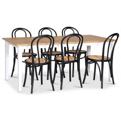 Fårö matgrupp; matbord 180x90 cm - Vit / oljad ek med 6 st Danderyd No.18 stolar Svarta