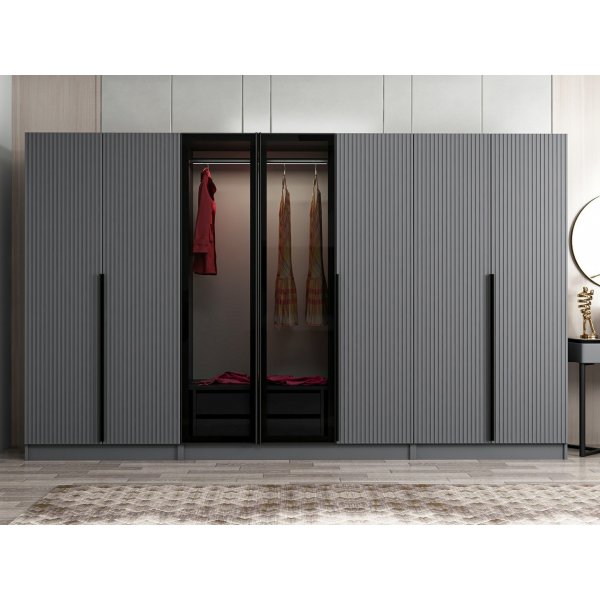 Armoire Cikani avec porte miroir, 315x52x210 cm - Anthracite
