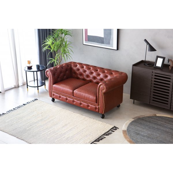 Canap Chesterfield 2 places en PU marron