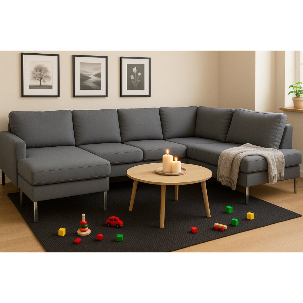 Nova grå U-soffa med metallben - 320 cm + Möbeltassar - Hörnsoffor, Soffor