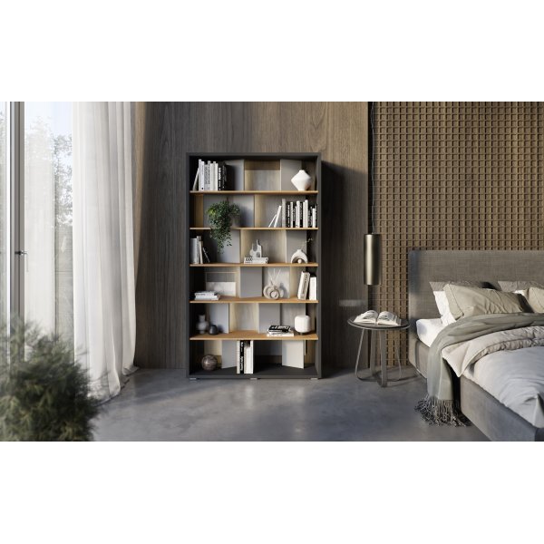 Bibliothque rtroclaire Dika - Graphite/chne/gris brillant