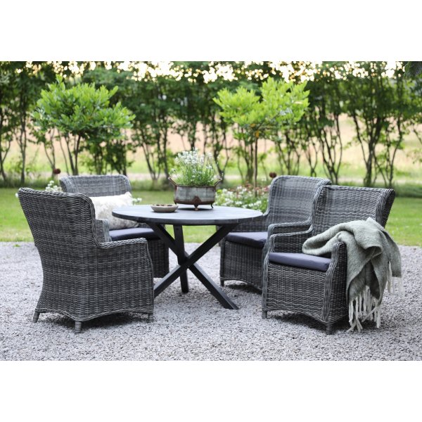 Matgrupp Mercury: Scottsdale runt bord i shabby Chic grå inklusive 4 st Jacksonville fåtöljer grå konstrotting Matgrupp Mercury: Scottsdale runt bord i shabby Chic grå inklusive 4 st Jacksonville fåtöljer grå konstrotting