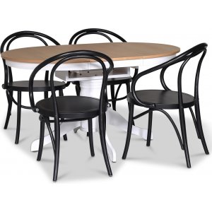 Fitchburg matgrupp; Ovalt matbord 106-141 cm - Vit / Oljad Ek med 4 st Danderyd No.30 karmstolar Svart Fitchburg matgrupp; Ovalt matbord 106-141 cm - Vit / Oljad Ek med 4 st Danderyd No.30 karmstolar Svart