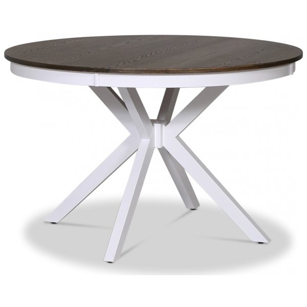 Skagen matgrupp; runt matbord Ø120 cm - Vit / brunoljad ek med 4 st Fårö stolar (Ribbor i ryggen) med grå tygsits Skagen matgrupp; runt matbord Ø120 cm - Vit / brunoljad ek med 4 st Fårö stolar (Ribbor i ryggen) med grå tygsits