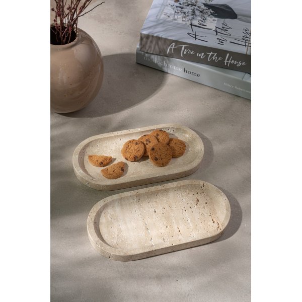 Dekorationsfat i beige Travertinmarmor 2 delar - 25 x 12 x 2 cm