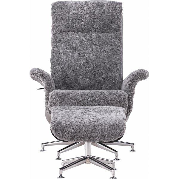 Ulla f�t�lj med fotpall i f�rskinn - Gr� / Svartbets / Krom + Textilreng�ring f�r m�bler